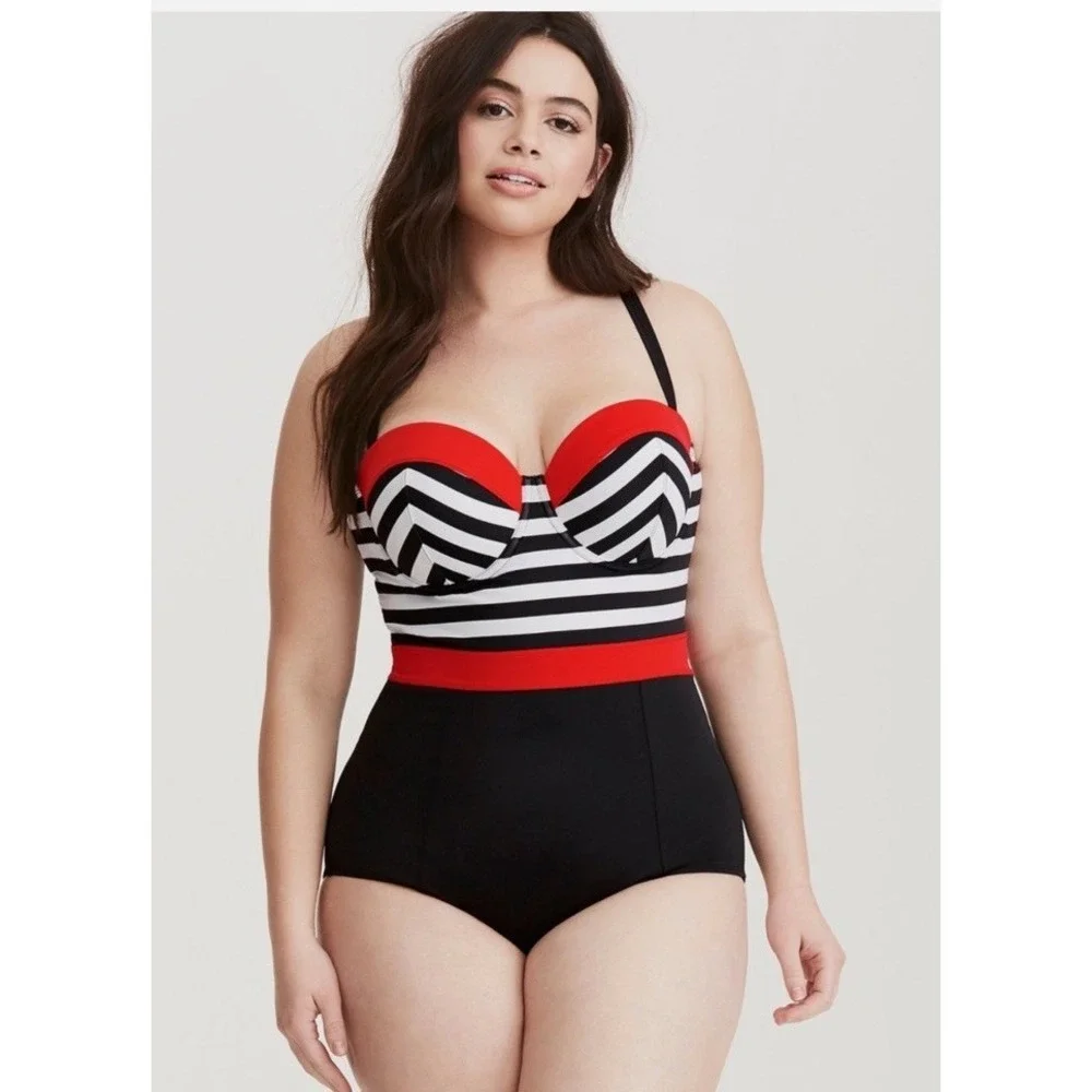 TORRID Womens SWIMSUIT  One Piece Black Red Underwire Bra Size 5 (28) NWT‎